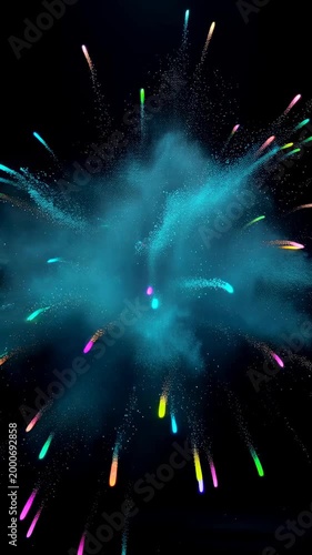 A Stunning Display of Colorful Explosions: Vibrant Particles Burst into Life in a Captivating Blue and Light Show Against a Dark Background