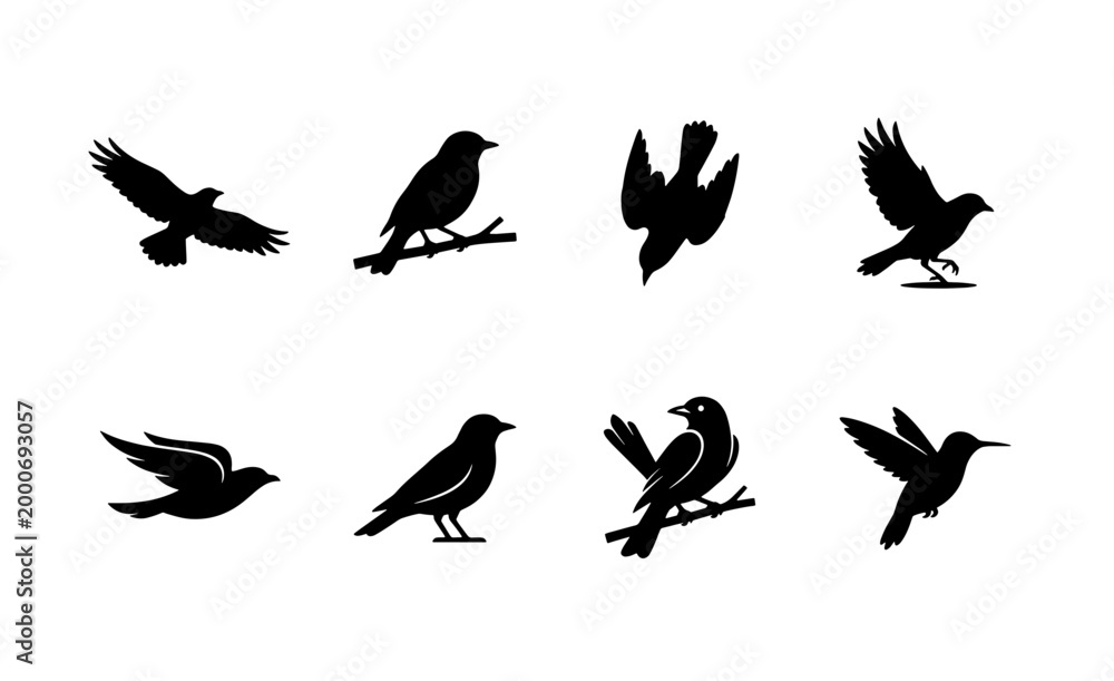Fototapeta premium Black bird silhouettes set, 8 flying and perched avian vector icons, minimalist wild bird shapes for nature logos and graphic design