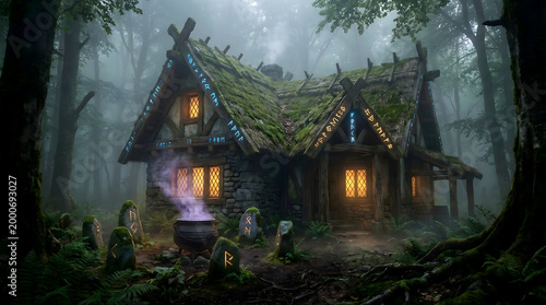 Mystical Forest Cabin with Glowing Runes and Cauldron in Foggy Enchanted Woods