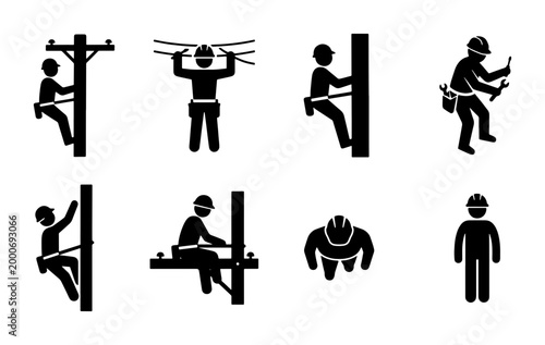 Obraz na plátne Electrician and lineman icon set, utility worker climbing power poles, electrica