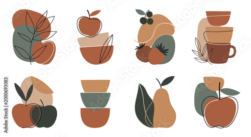 Abstract Organic Shapes with Fruits and Bowls.