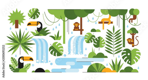 Jungle Scene with Toucans Monkeys and Waterfall.