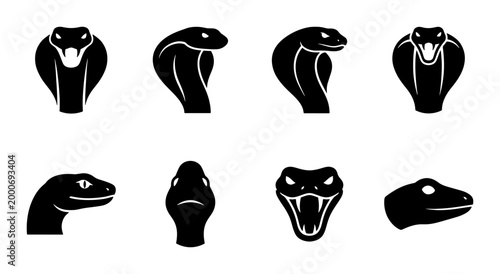 Vászonkép Cobra snake head icons set, black minimalist serpent silhouettes, 8 reptile masc
