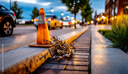 A weathered traffic cone sits on a curb, amidst dried flowers and city street at dusk