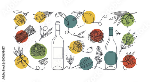 Abstract Wine Bottles and Fruit Line Art with Watercolor Splashes.