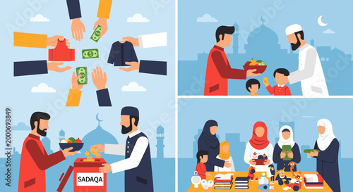 Photos Illustrations depicting various acts of charity and giving within the Muslim community, including monetary donations, food distribution, and community support initiatives