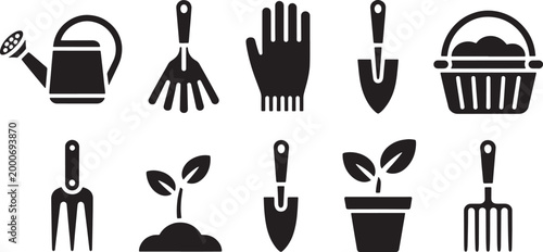Black and white of gardening tools and plants on a white background watering can