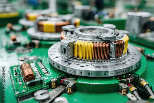 Close-up of a vibrant green circuit board adorned with copper and yellow coils, showcasing intricate design and components of electrical engineering