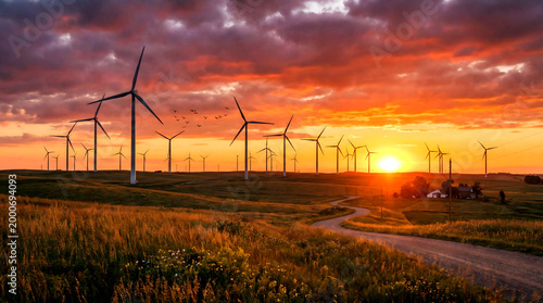 Renewable Energy Wind Farm at Sunset with Dramatic Sky and Winding Road