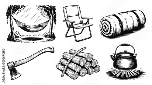 Camping essentials collection: hammock chair sleeping bag axe firewood kettle with flame sleeping firewood