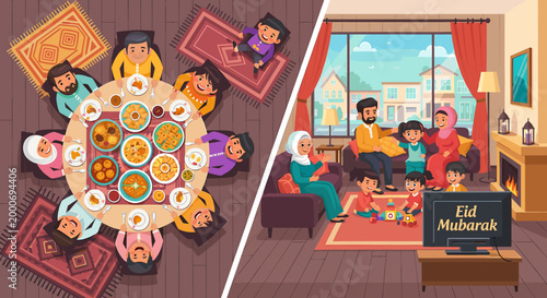 A split image showing a Muslim family celebrating Eid, with one scene depicting a communal meal and the other showing family time in a living room with 'Eid Mubarak' on TV.