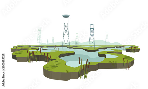 Industrial towers in wetland swamp landscape vector illustration