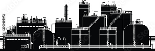 Industrial chemical plant with large storage tanks and pipeline system, refinery factory infrastructure silhouette vector illustration for energy production and manufacturing industry