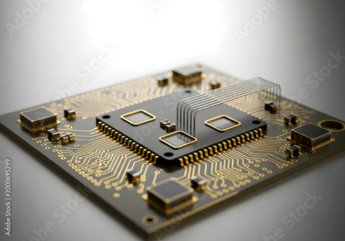 Sophisticated Microchip on Circuit Board with Golden Traces and Interconnects