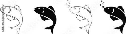 Fish icons set vector illustration, aquatic animal silhouettes and outlines, jumping and swimming fish collection with bubbles, minimalist marine wildlife graphics for logo or design element