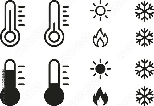 Hot and cold temperature thermometer icon set. High and low heat symbol. Freeze, flame, chill and frost signs. Thermal and temperature concept representing hot and cold monitoring.
