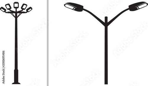 Set of street light and high mast stadium lighting silhouettes vector illustration isolated on white background