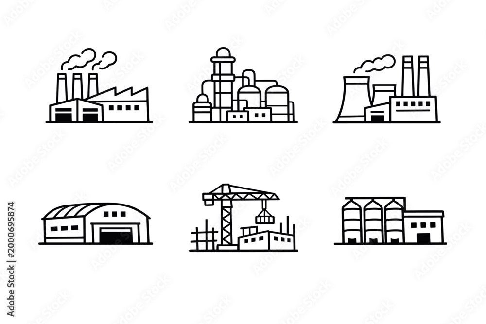 Fototapeta premium Industrial Factory Line Icon Set in Minimal Outline Style