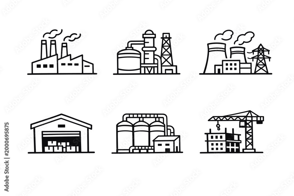 Obraz premium Industrial Factory Line Icon Set in Minimal Outline Style