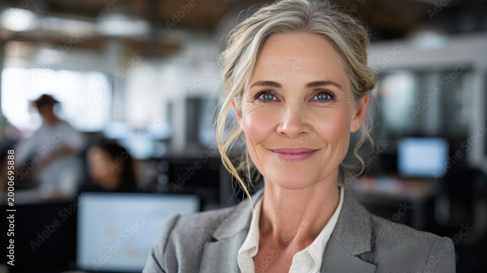 Fototapeta premium A senior Caucasian woman with gray hair smiles confidently in a modern office environment. Computer screens and colleagues are visible in the background.