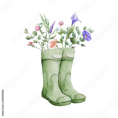 Watercolor Green Rubber Boots with Wildflowers Floral Decoration