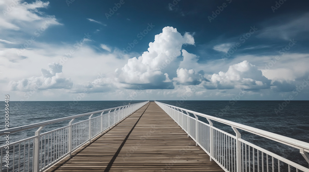 Fototapeta premium long pier or boardwalk extending into the distance under a wide blue sky with large fluffy clouds