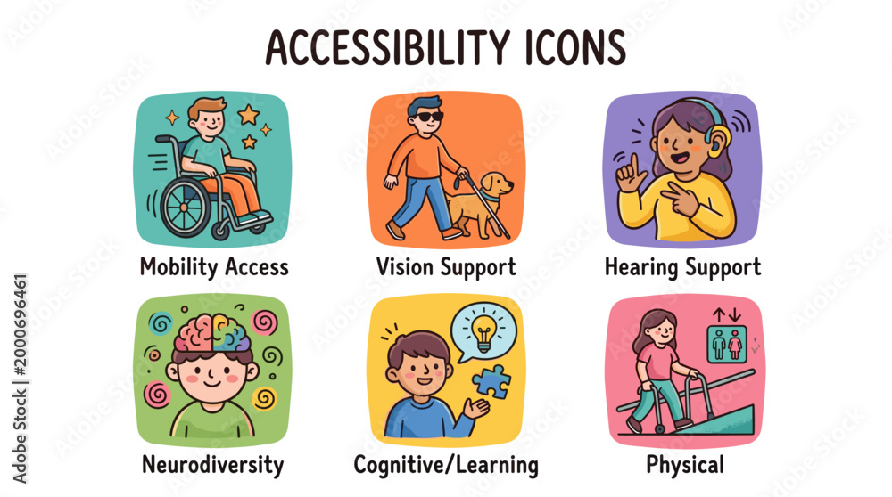 Fototapeta premium Accessibility Support Doodle Icon Set in Inclusive Cartoon Style