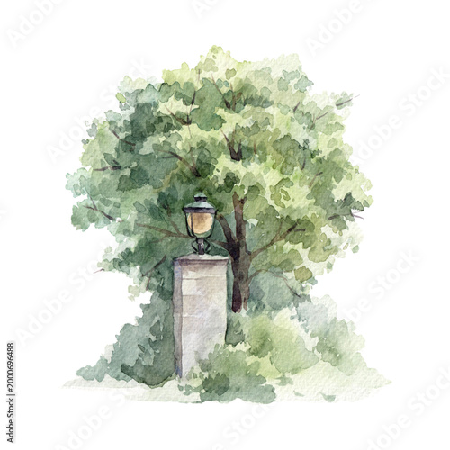 Beautiful Watercolor Landscape of Park Lamp Post and Green Trees