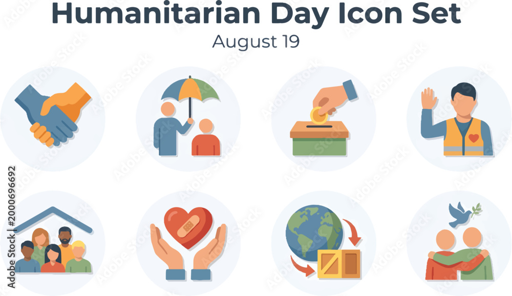 Fototapeta premium World Humanitarian Day Icon Set - Charity, Support, Aid, Community Flat Vector