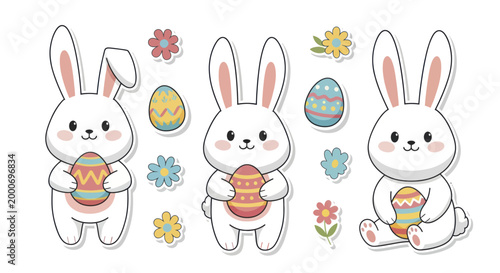 Adorable Easter Bunny Characters Holding Decorated Eggs.