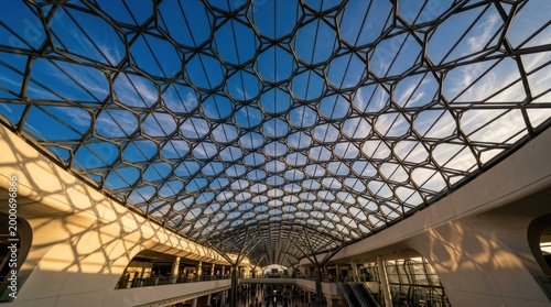 Futuristic glass dome architecture with geometric steel frame, modern airport terminal interior under blue sky, contemporary building design with circular patterns and sunlight shadows, 4k