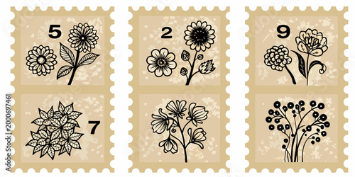 collection of six hand drawn floral postage stamps with vintage design high quality professional detailed