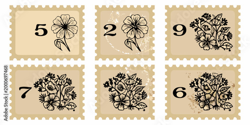 collection of six hand drawn floral postage stamps with vintage design high quality professional detailed