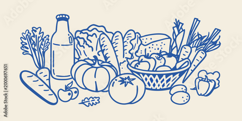 line drawing of fresh produce assortment on beige background high quality professional detailed modern elegant