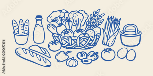 line drawing of fresh produce basket with vegetables and bread high quality professional detailed modern