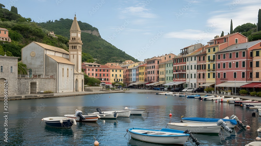 Fototapeta premium Colorful waterfront buildings with boats in a Mediterranean harbor