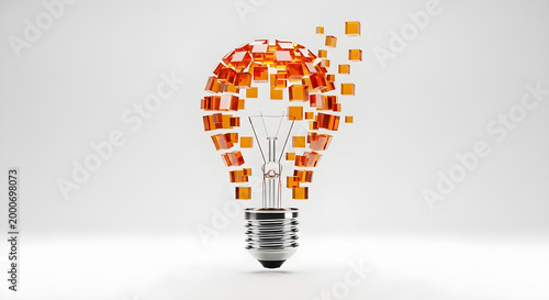 Innovative light bulb constructed from glowing orange glass cubes floating in the air to represent creative business ideas and strategic thinking through modern digital transformation concepts for ent