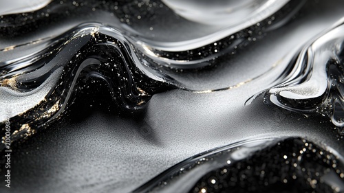 Abstract Black and Silver Fluid Texture with Glittery Waves
