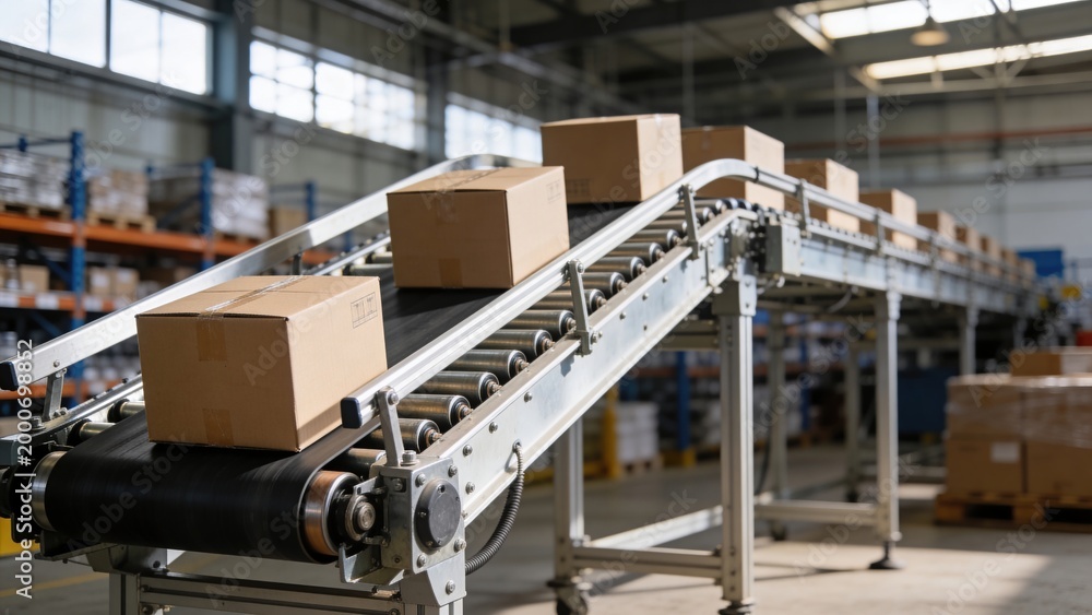 Fototapeta premium Conveyor belt transporting cardboard boxes in a warehouse. The setting is industrial with shelves in the background filled with products.