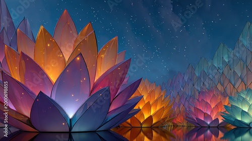 Vibrant Lotus Flowers Illuminated Against Starry Night Sky
