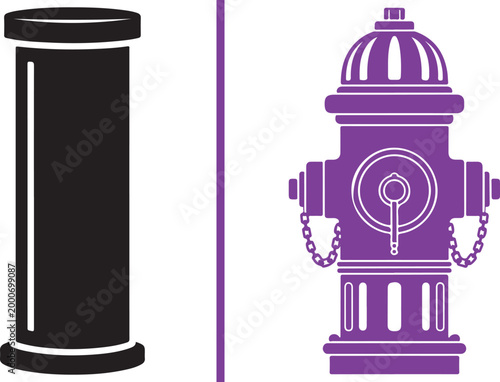 Flat vector illustration of a black industrial pipe and a purple fire hydrant isolated on white background