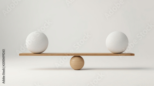 wooden scale balancing a small and a big ball in front white background