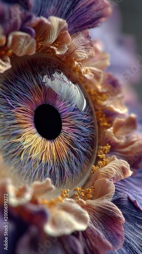 Close-up View of Eye Surrounded by Colorful Floral Petals