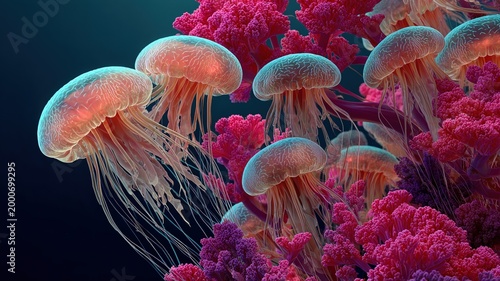 Ethereal Jellyfish Swimming Amid Vibrant Coral in Stunning Underwater Scene
