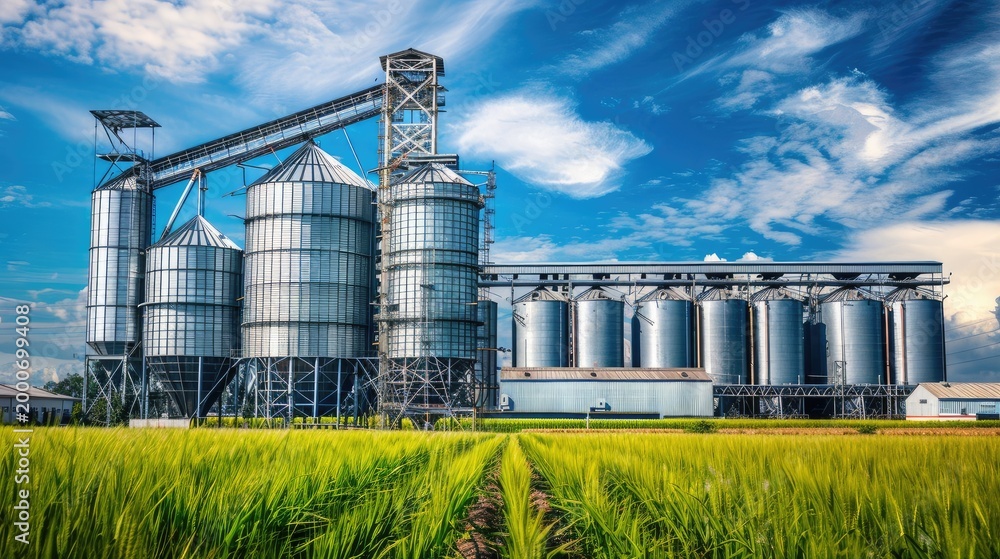 Fototapeta premium An overhead view of grain silos at an industrial farm, with blue sky and green fields in the background.