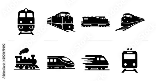 Schilderij op canvas Train icon set with 8 vector silhouettes, locomotive and high-speed railway tran