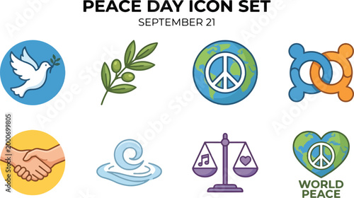 International Day of Peace Icon Set - Peace, Unity, Harmony, Dove Symbol Flat Vector