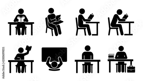 Tableau sur toile Education stick figure icon set, students studying at desks with books and lapto