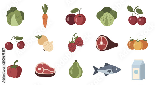 Assortment of Fresh Fruits Vegetables Meat and Dairy Products.
