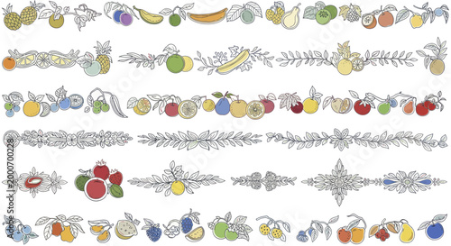 Assorted Fruit and Leaf Borders Decorative Elements.